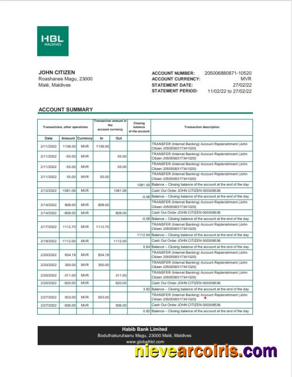 Maldives HBL bank statement Excel and PDF